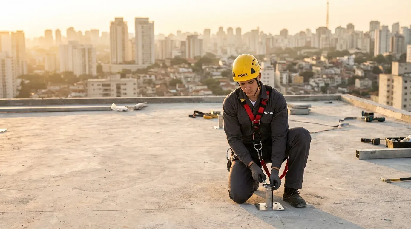 Ponto de ancoragem predial com olhal em INOX 316 instalado em fachada de edifício
