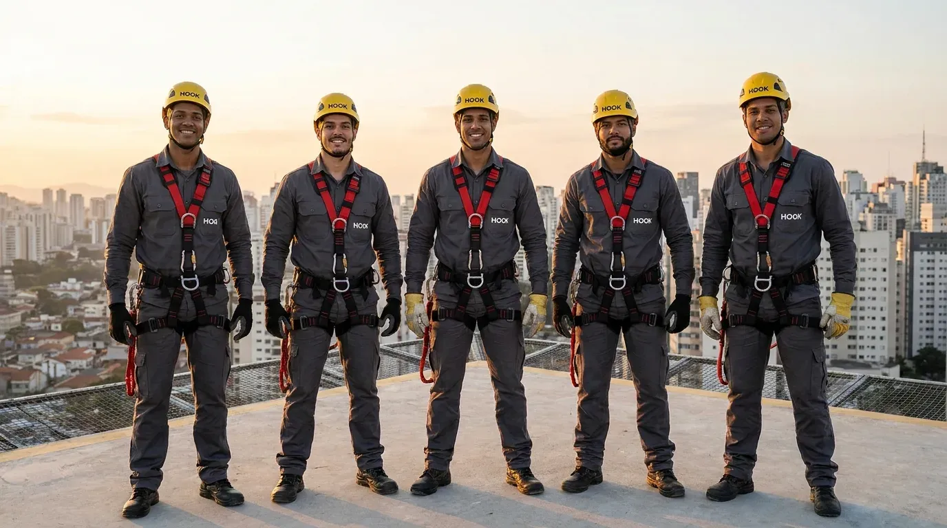Equipe técnica Hook em cobertura predial — engenheiros e técnicos certificados NR-35 em campo