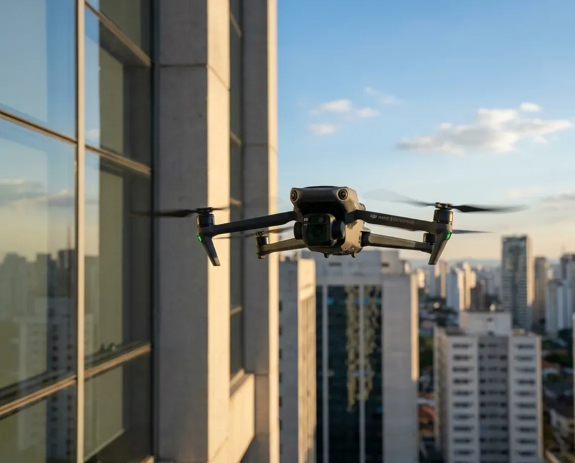 Drone DJI Mavic 3 Enterprise inspecionando fachada de edifício