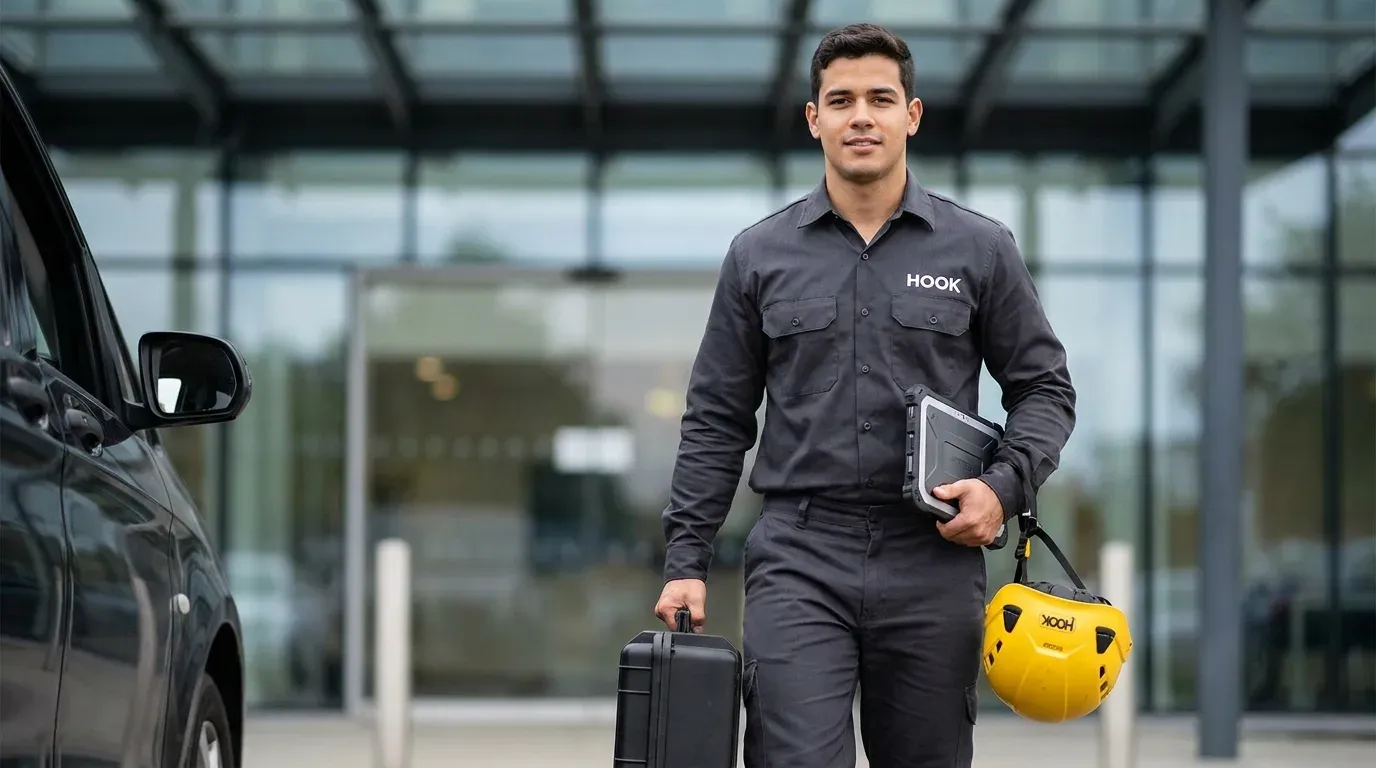 Engenheiro Hook em visita técnica gratuita ao cliente — vistoria inicial de cobertura predial